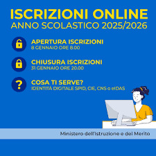 Iscrizioni Online anno scolastico 2025/2026 - Apertura iscrizioni 8 gennaio ore 8 - Chiusura iscrizioni 31 gennaio ore 20 - Cosa ti serve? Identità digitale SPID, CIE, CNS o eIDAS (fonte Ministero dell'Istruzione e del Merito)