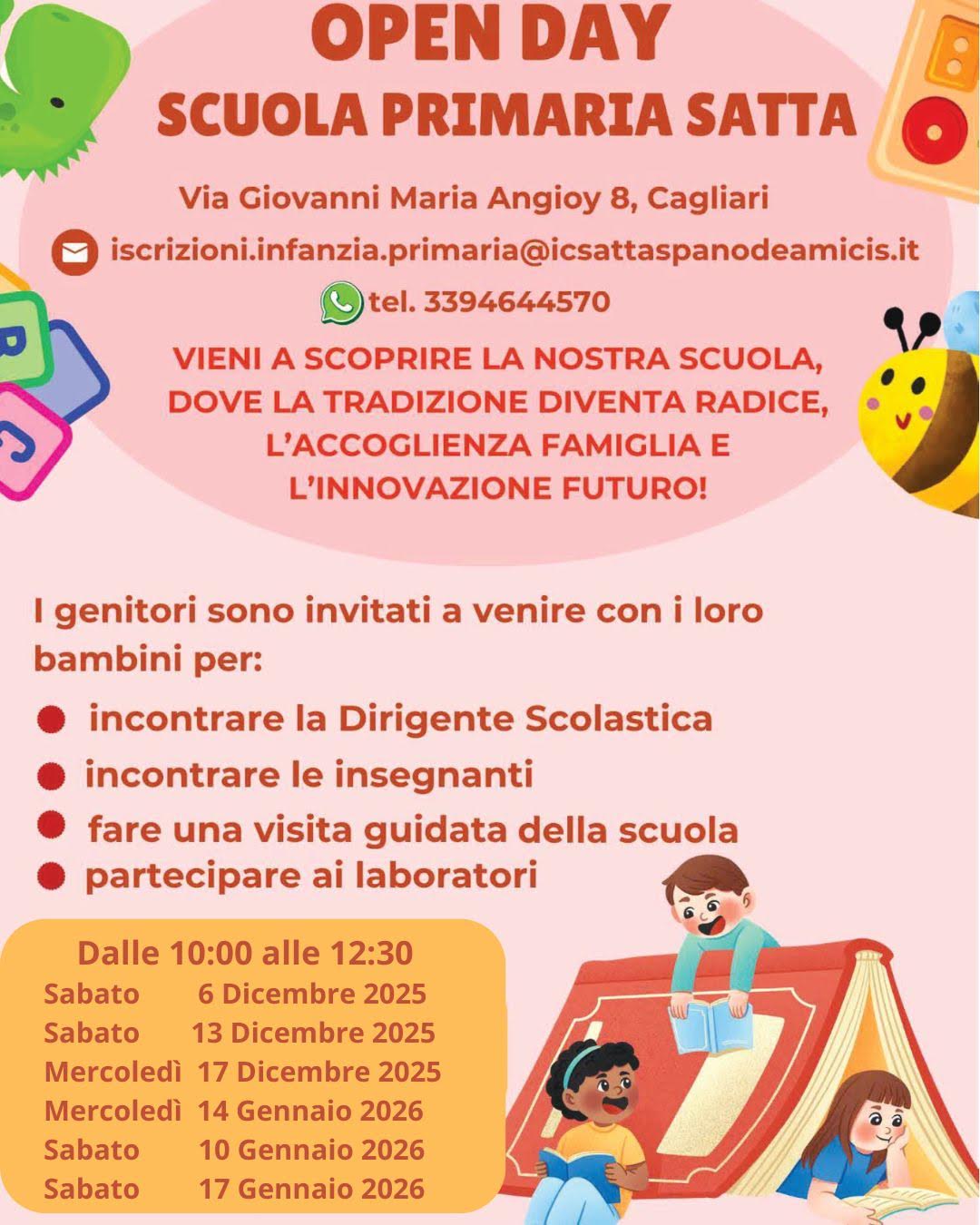 Open Day Scuola Primaria Satta: 6, 13 e 17 dicembre 2025 e 10, 14 e 17 gennaio 2026  vieni a trovarci!